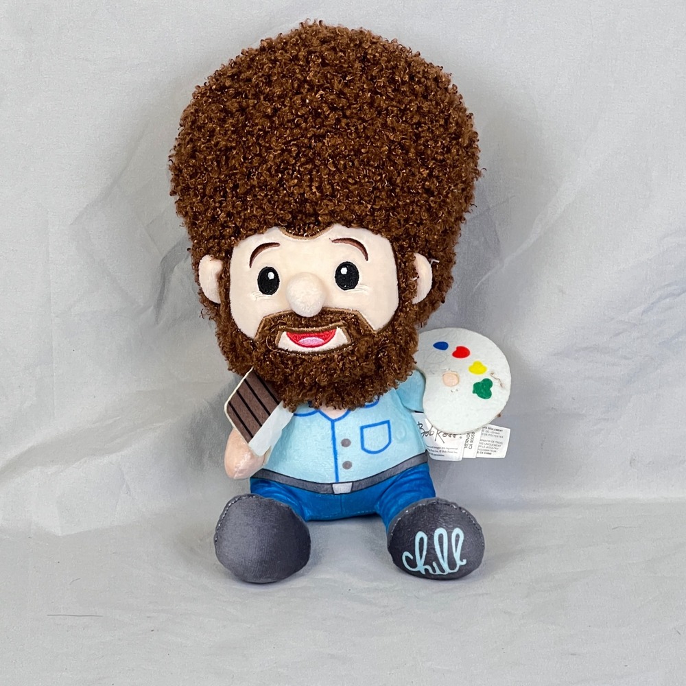 Bob Ross Plush Toy 8" Holding Paint Palette Chill‎ Embroidered Foot Blue Brown